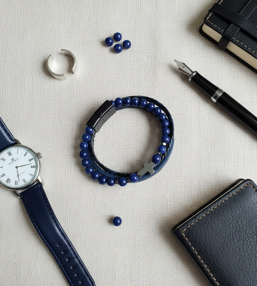 Lapis Lazuli Cross Blue Leather Bracelet 8”